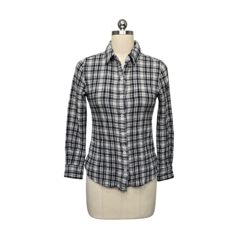 Garnet Hill Black White Plaid Organic Cotton Gauze Button Down Shirt Size 00